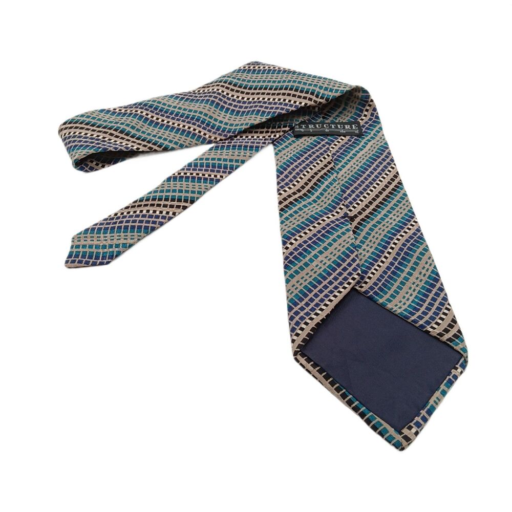 Structure Silk Tie Mens 58” Taupe Blue Teal Geometric Designer Wide New - Picture 3 of 4